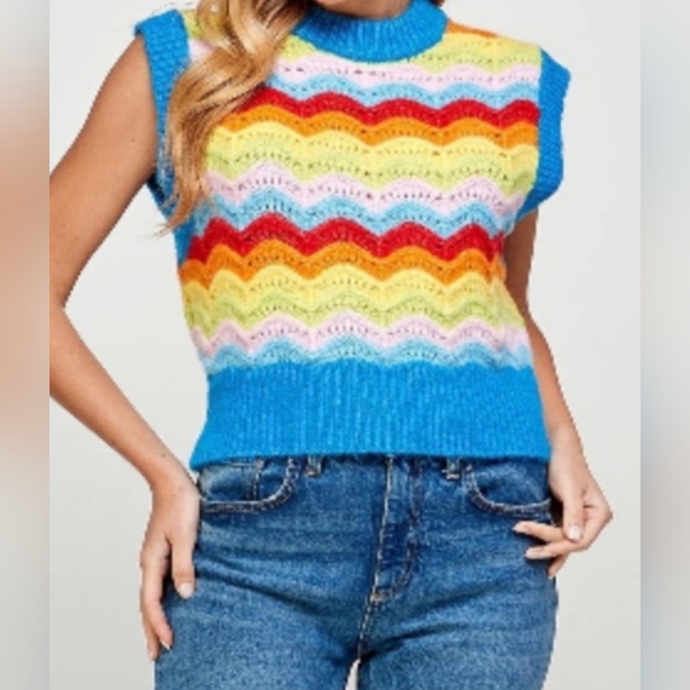 ZARA Rainbow Sleeveless Sweater Vest size Medium Wool Alpaca Scalloped Crochet